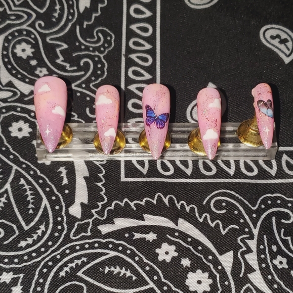 Luxury Hand Painted Butterfly Nails Long Stilletto - Picture 1 of 7